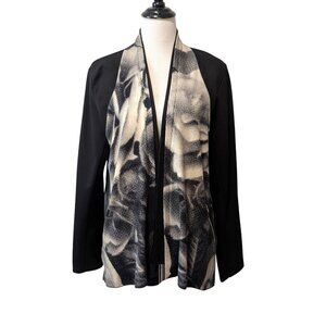 Komarov Womens Size XL Black Cream Abstract Open Front Pockets Jacket Cover Top